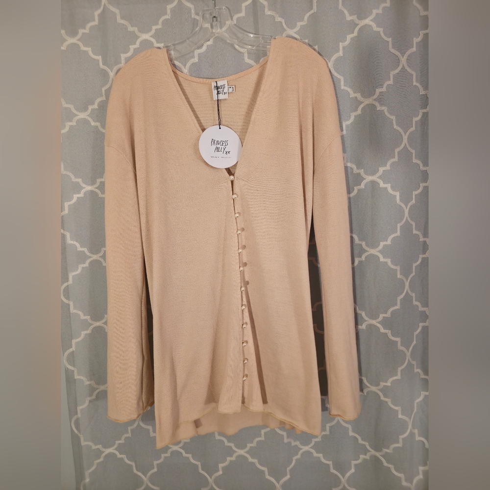 Princess Polly Beige Pearl-Button V-Neck Cardigan